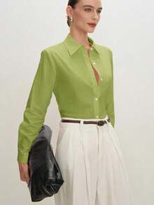 2026 Nueva Camisa Básica Versátil y Elegante para Mujer con Botones Delanteros y Cuello Mao en Color Azul Claro, Adecuada para Ir al Trabajo, Uso Diario, Estilo Retro de los 90, Navidad, Año Nuevo, Fiesta de San Valentín, Playa, Graduación, Moda, - Verde - Ver 4