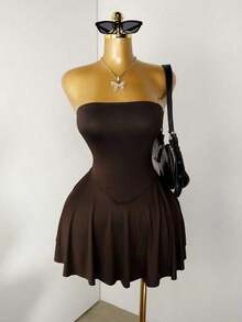 Vestido mini sin tirantes con dobladillo de volantes para mujer - Café integral - Ver 3