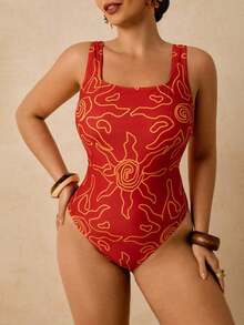 Traje de baño de una pieza con estampado de limón para mujer de talla grande, romántico para la playa y el spa a principios de primavera - Rojo - Ver 8