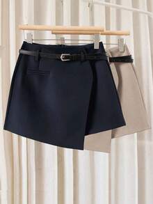 Pantalones con falda asimétrica de moda casual para ir al trabajo, pantalones cortos multifuncionales para mujer sin cinturón, pantalones con falda asimétrica a juego sin cinturón, falda asimétrica, falda con dobladillo asimétrico, falda pantalón - Azul marino - Ver 5