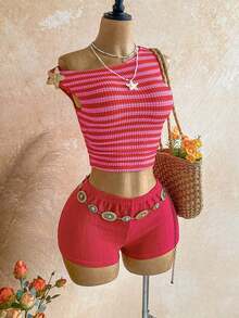 Nuevo conjunto casual de 2 piezas para mujer con hombro asimétrico, textura esponjosa, estampado floral y espalda descubierta, ideal para vacaciones, boda, graduación, Día de San Patricio, primavera, festival de música, elegante estilo boho tropical - Rojo - Ver 5