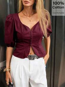 Blusa de mujer con cuello de corazón, mangas abullonadas y cintura entallada en unicolor.Ideal para días de playa, ir al trabajo, cumpleaños y citas - Burdeos - Ver 6