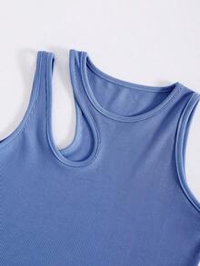 Top Sin Mangas De Punto Acanalado Con Hombro Cortado Sólido Para Verano - Azul - Ver 3