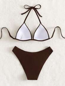 Conjunto de bikini liso, sujetador push up y parte inferior de bikini, traje de baño de 2 piezas - Marrón - Ver 2