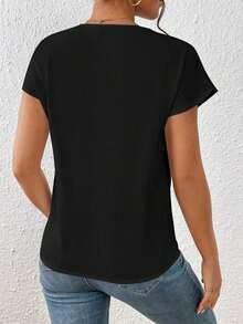 Blusa de mangas de murciélago sólidas, cuello en V, blusas de manga corta - Negro - Ver 2