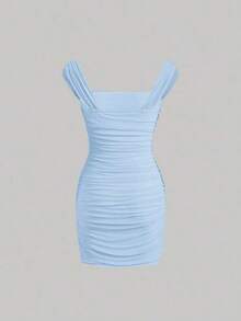 Vestido ajustado de cuello cuadrado fruncido - Celeste - Ver 2