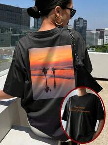 Camiseta personalizada para mujer - Agrega tu texto y fotos (diseño horizontal/insignia/pareja/familia/selfie/mascota), impresa en el frente y la espalda, diseña tu camiseta personalizada impresa en blanco para el verano, regalo personalizado100% Cotton - Negro - Ver 2