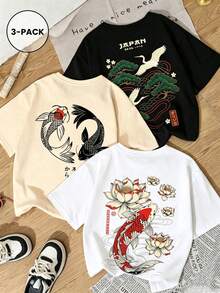 Single Garment Set, Not A 3-Piece Set, 1 Piece/Set Of Short-Sleeved T-Shirts Suitable For Streetwear, Oversized Round Neck Top For Daily Outings, Camping, Concerts, Hip-Hop, Rock, And Rap Events. Casual Short-Sleeved Round Neck T-Shirts With Prints Of Crane, Pine Tree, Tai Chi Tree, And Cat Eating Noodles, Minimalist And Versatile Style For Women - 白色 - 查看 1