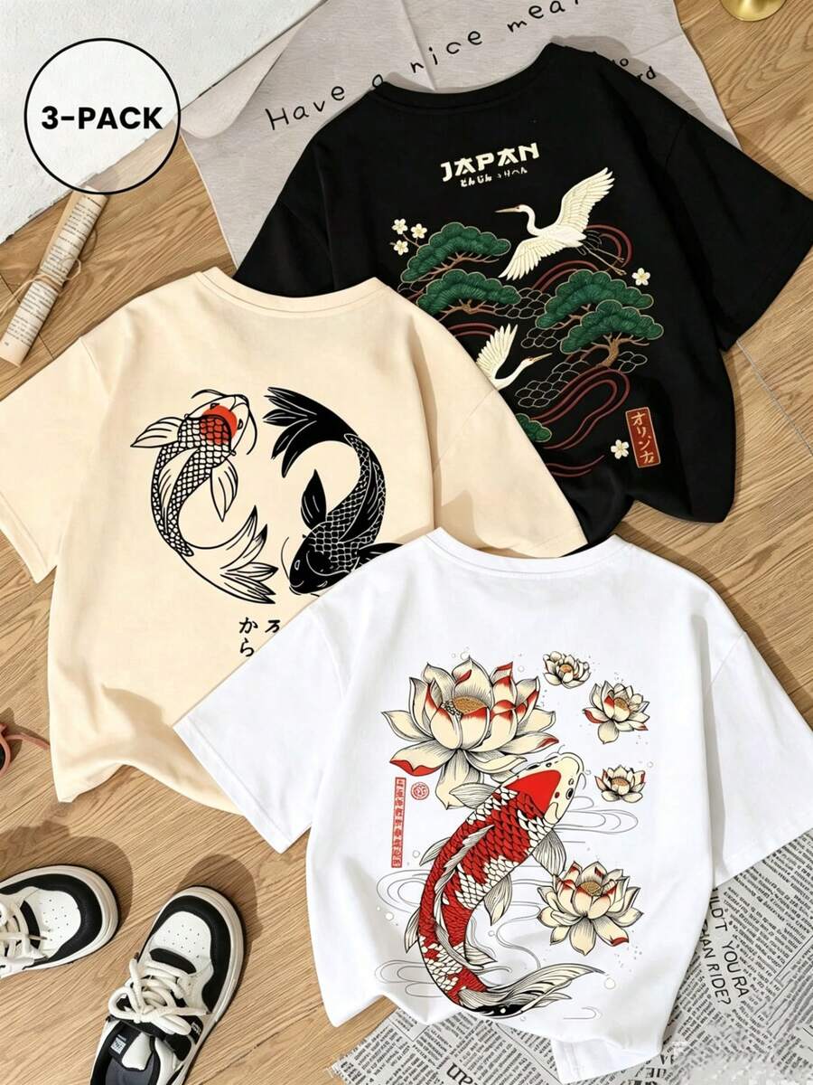 Single Garment Set, Not A 3-Piece Set, 1 Piece/Set Of Short-Sleeved T-Shirts Suitable For Streetwear, Oversized Round Neck Top For Daily Outings, Camping, Concerts, Hip-Hop, Rock, And Rap Events. Casual Short-Sleeved Round Neck T-Shirts With Prints Of Crane, Pine Tree, Tai Chi Tree, And Cat Eating Noodles, Minimalist And Versatile Style For Women - 白色 - 查看 1
