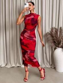 Vestido midi de Body con estampado abstracto rojo sin mangas, adecuado para el verano - Multicolor - Ver 8