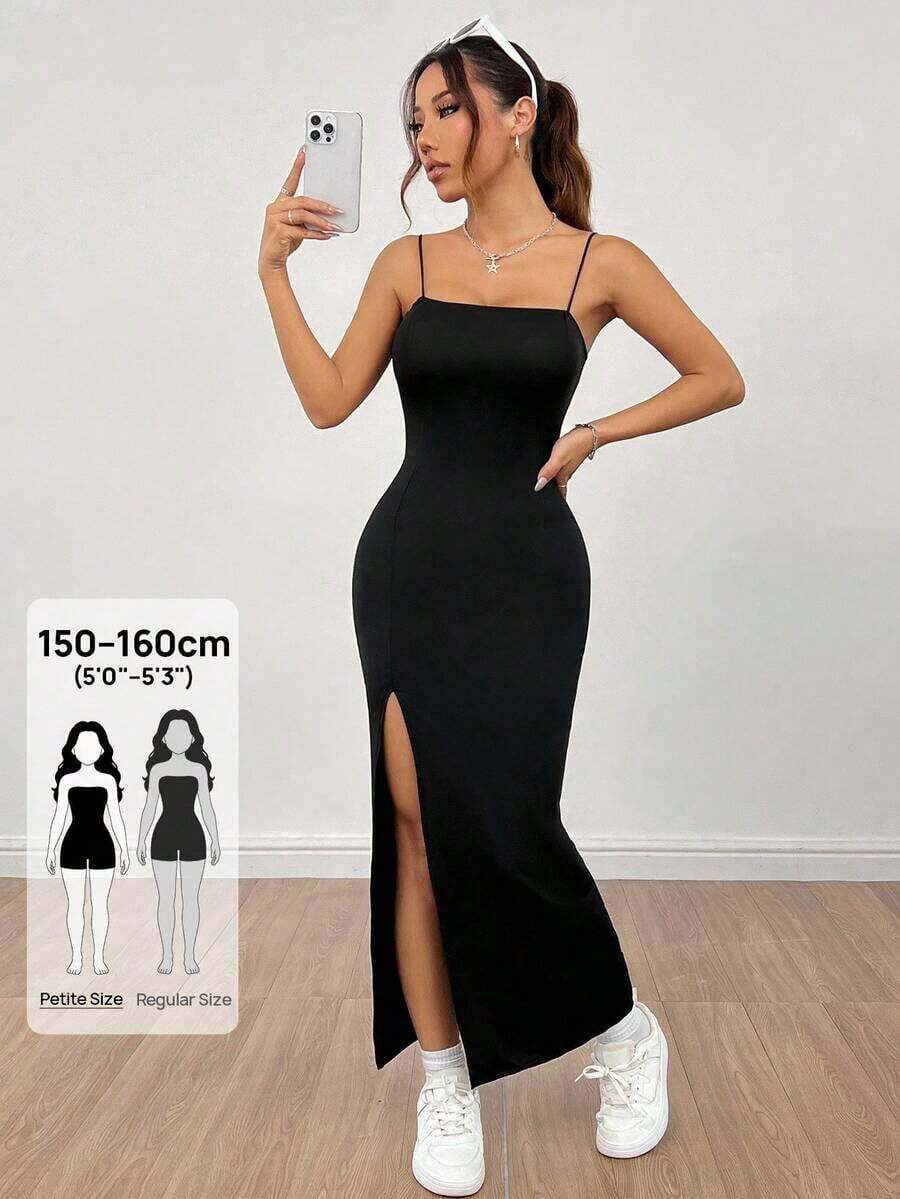 Vestido largo negro de mujer con correa de abertura alta y unicolor - Negro - Ver 1