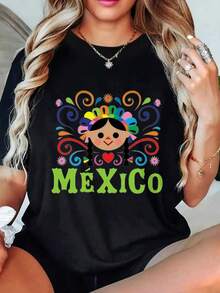 MYNOVA C Camiseta de Algodón Suave para Mujer en Tallas Grandes con Diseño Colorido de México, Regalo para Amigas, Día de San Valentín, Outfit Moderno, Vestidos de mujer de verano a la moda, Casual Perfecto para Todas las Estaciones, S M L XL - Negro - Ver 2