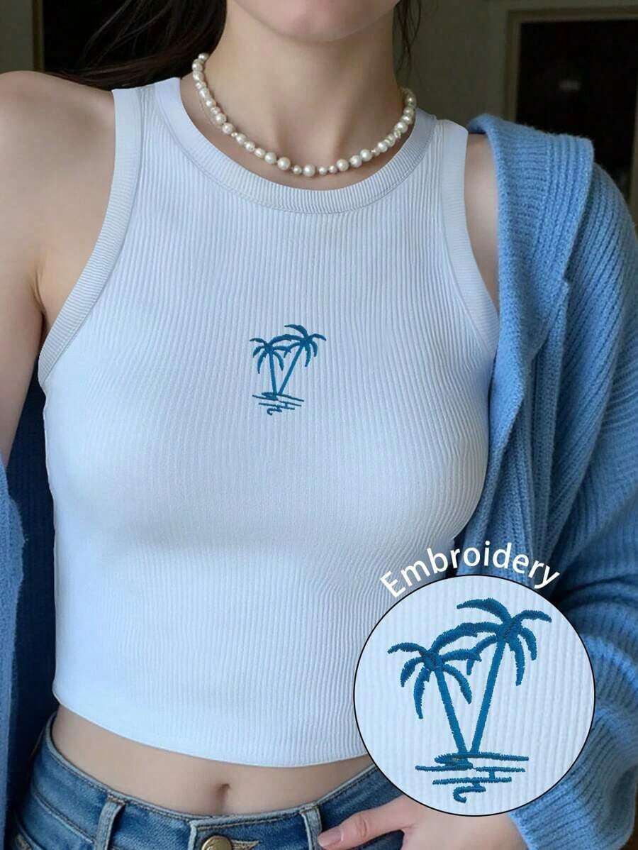 Top de tirantes con bordado de ballena para mujer, chaleco bordado con ribete de concha a la moda - Blanco 4 - Ver 1