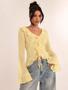 Blusa elegante de mujer con mangas de volantes de gasa, adecuada para vacaciones, fiestas, citas, salidas con amigos, vacaciones y uso diario elegante, Día de San Valentín, San Valentín para mujeres - Amarillo - Ver 3