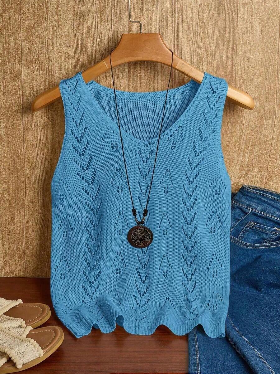 Ropa de punto casual de mujer de cuello en V sin mangas - Azul - Ver 1