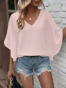 Camisa de manga de murciélago de unicolor casual, verano - Rosa Pálido 2 - Ver 8