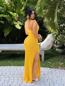 Vestido de verano sin mangas con abertura alta en color amarillo, para mujer y tallas grandes, para vacaciones en la isla, fiestas junto a la piscina, vacaciones en la playa, ropa bohemia para mujer, atuendos para brunch, vestidos sin tirantes, - Amarillo - Ver 2