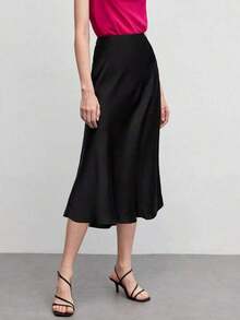 Falda negra básica de corte evasé para mujer, adecuada para el transporte urbano, negocios, uso casual, oficina, y atuendo formal elegante para mujer - Negro - Ver 6