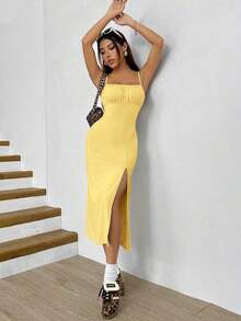 Vestido midi de leopardo con abertura lateral y tirantes - Amarillo - Ver 5