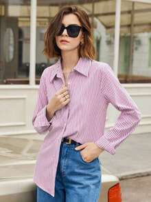 Camisa de mujer de manga larga con hombros caídos y rayas, estilo básico urbano y de commuter, moda simple y elegante, adecuada para vestimenta casual de negocios, oficina, profesora - Rosa 2 - Ver 4