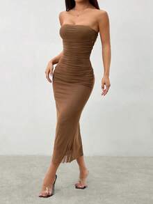 Vestido tubo sin tirantes de malla efecto degradado - Marrón - Ver 1