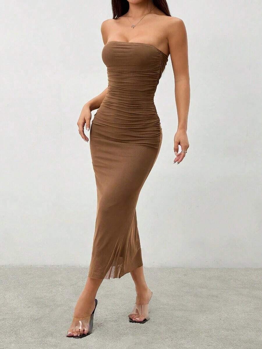 Vestido tubo sin tirantes de malla efecto degradado - Marrón - Ver 1