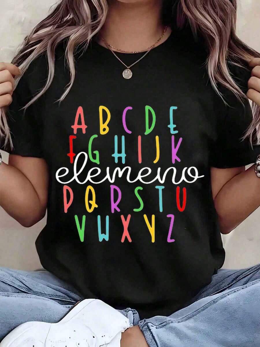 Designed For Modern, Stylish, And Comfortable Women. Women's T-Shirt With Alphabet Print, Element Letter Design, Crew Neck, Regular Fit, Casual Wear, And A Great Gift Idea. Made From A 220g Cotton Blend, This Top Is Crafted From Premium Soft And Breathable Fabric, Designed For All-Day Comfort And Versatile Everyday Wear, Perfect For Casual Outings. - 黑色 - 查看 1