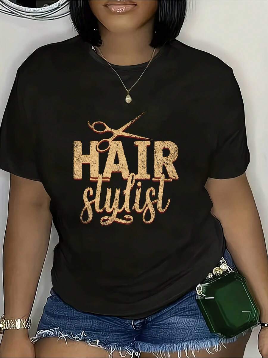 1 pieza de camiseta con estampado "Peluquero" de Wo'S |   Manga corta, cuello redondo, corte casual y cómodo, negro con letras doradas, muy adecuado para primavera/verano/otoño, uso diario. |   Camiseta de Moda para Mujer |   Ropa casual a la moda, regalo para peluqueros, 180g 100% algodón - Negro - Ver 1