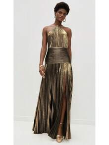 Metallic Pleated Halter Maxi Dress, Ruched Waist With Front Slit, Elegant Evening Gown For Prom & Weddings - Antique Gold - View 5