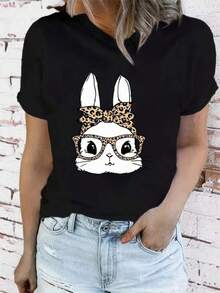 New 2026 Playera con diseño de conejo con lentes y con detalles de animal print, estampados, divertido, casual, moderno, cuello redondo, manga corta, ideal para todos los días, llamativa, holgada, a la moda, ideal para tí. - Negro - Ver 6