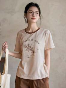 Estilo Y2K, estilo moderno, lo más nuevo de 2026, estilo lindo, estilo casual. Estilo Y2K, estilo moderno, lo más nuevo de 2026, estilo lindo, estilo casual.  Camiseta de manga corta con estampado de flores "CHISPAS DE LUZ 2003 A LA LUZ DEL SOL", Tiempo de ocio, Camisetas gráficas180g(S-XXXL)180g(S-XXXL) - Beis 2 - Ver 3