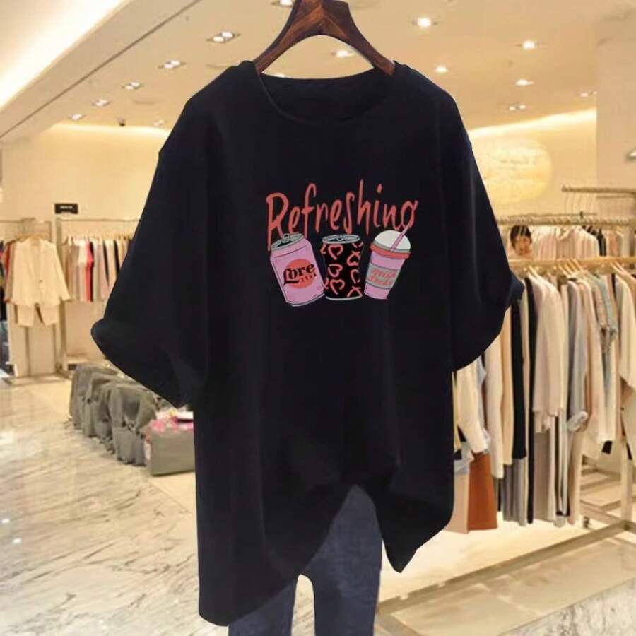 Women's Casual Printed T-Shirt, Short Sleeves, Round Neck, Spring/Summer Urban Fashion Unisex T-Shirt. 0SIH - 黑色 - 查看 1