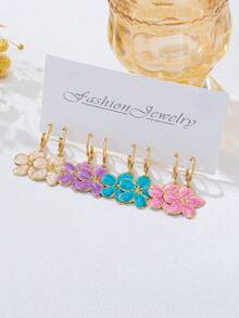 4 Pairs/Set Dopamine Colorful Enamel Plumeria Earrings Set, Suitable For Women's Daily, Party, Vacation Wear - Multicolor - View 4
