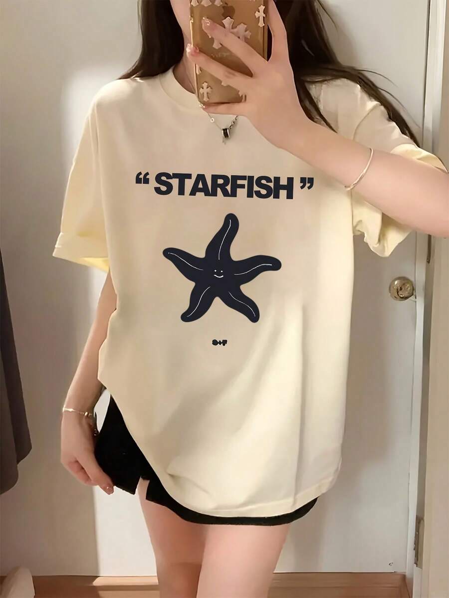 FashionNEWY2K Women's Cartoon Pentagram Print Short Sleeve T-Shirt, New Summer Fashion, Loose Fit, Round Neck, Versatile Design, White Top - Unisex Cotton Loose Fit Short Sleeve Round Neck Urban Vintage Style T-Shirt. - 杏色 - 查看 1
