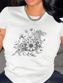 Comfortable T-Shirt For Women, Clothing For Dachshund Lovers: Casual Crew Neck T-Shirt With A Plant And Dachshund Print, Machine Washable, Comfortable Casual Wear For All Seasons, Designed For Dachshund Owners. A Very Distinctive Printed T-Shirt / Unisex Style / Suitable For Both Men And Women / Wrinkle-Resistant / Breathable - 白色 - 查看 8