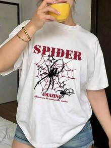 Women's Spider Print T-Shirt, A New Tee With A Creative Spider Design, American And Hong Kong Style, Modern Style, Lettering, Loose Fit, Suitable For Couples. Unisex Cotton Short-Sleeved Crew Neck T-Shirt With Urban Vintage Style - 白色的 - 查看 6