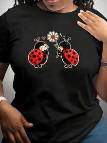 Loose Ladybug Floral Print T-Shirt, Women's Crew Neck Top, Casual Everyday Shirt, Cute Insect Design, Suitable For Spring And Summer, For All Seasons. DDQDBasic Women's Cotton Crew Neck T-Shirt - 黑色 - 查看 1
