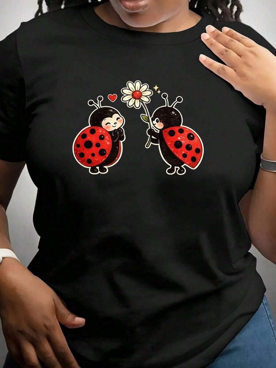Loose Ladybug Floral Print T-Shirt, Women's Crew Neck Top, Casual Everyday Shirt, Cute Insect Design, Suitable For Spring And Summer, For All Seasons. DDQDBasic Women's Cotton Crew Neck T-Shirt - 黑色 - 查看 1