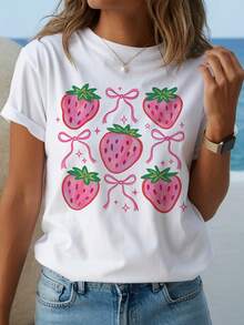 Y2K Women's Strawberry T-Shirt With Red Strawberry And Pink Print - Soft And Lightweight Short Sleeve Crew Neck Top, Suitable As A Blouse For Spring, Summer And Beach Outfits, Casual Wear For - 白色的 - 查看 7