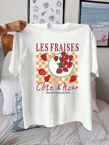 Vintage Summer T-Shirt With Strawberry Print For Women, 100% Pure Cotton T-Shirt With Strawberry Pattern, Women's Clothing Top Women's T-Shirts>Basic - 白色 - 查看 2