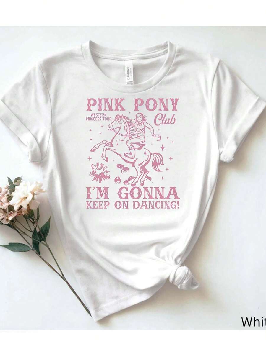 1 Women's Pure White T-Shirt: Western Dance Theme With Pink Horse, 180g, 100% Cotton - 白 - 查看 1
