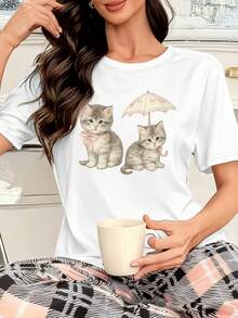 1 Piece (Only One Top Sold) - Women's Short-Sleeved Loungewear - Printed With Three Cartoon Cats - Soft, High-Quality, And Skin-Friendly Fabric - Stylish And Elegant Design - Suitable For Wearing At Home Or Outdoors - Machine Washable - Local Shipping 180g 100% Cotton - 白色 - 查看 1