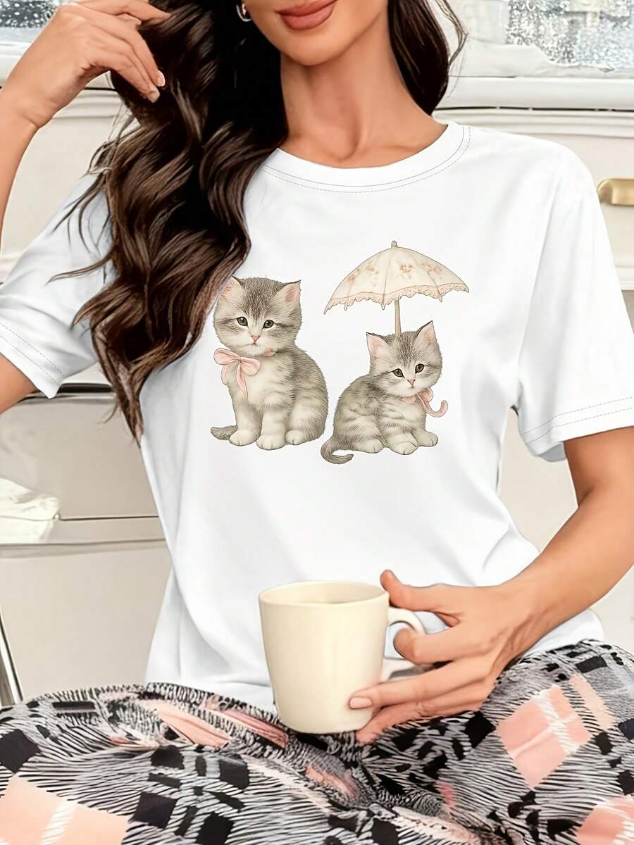 1 Piece (Only One Top Sold) - Women's Short-Sleeved Loungewear - Printed With Three Cartoon Cats - Soft, High-Quality, And Skin-Friendly Fabric - Stylish And Elegant Design - Suitable For Wearing At Home Or Outdoors - Machine Washable - Local Shipping 180g 100% Cotton - 白色 - 查看 1