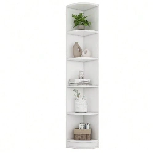Librería esquinera, estante, estante de almacenamiento, material MDF, estante de cinco niveles, forma simple, alta capacidad de carga, blanco - Blanco - Ver 1