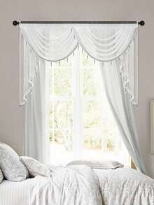 1pc White Short Valance With Pearl Trim, Modern Luxury Wave Style Curtain, Suitable For Holiday Party, Living Room, Bedroom Window & Door Decor, 1-4 Wave Width Options, Curtain Rod Not Included - White - View 10