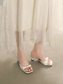 Spring/Summer Women's Square Toe High Heel Bowknot Dress Sandals, Sexy Open Toe Slide Sandals - Beige - View 4