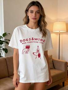 Casual. Esta elegante y nueva camiseta de algodón para mujer con cuello redondo presenta un estampado único de un cachorro de dibujos animados y letras con temática de vino. Es una camiseta de manga corta versátil, cómoda y casual, adecuada para todas las estaciones y es un regalo perfecto para familiares y amigos. Imprescindible. - Blanco - Ver 7