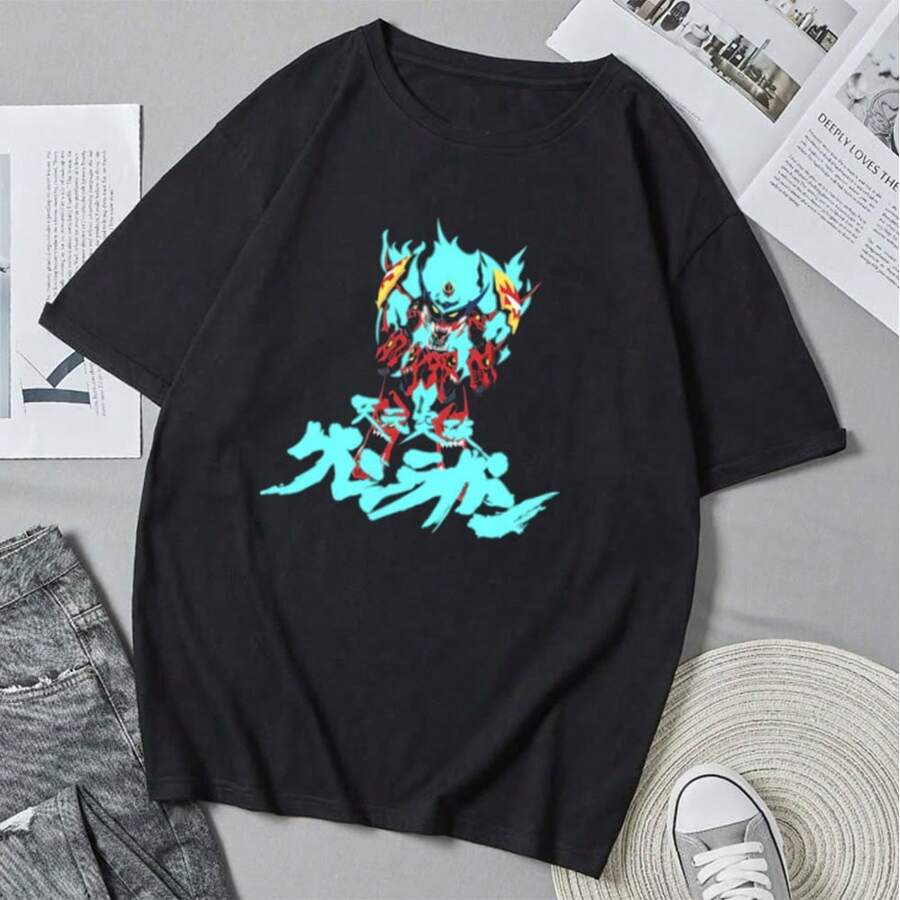 Camiseta unisex de Gurrenss-Laganns-mecha estilo retro anime con estampado de dibujos animados, ideal para el verano, estilo casual y corte holgado. - Negro - Ver 1