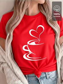 Camiseta de Algodón 100% con Estampado de Corazón de Café y Vapor Negro - Rojo - Ver 7