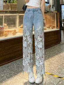 Pantalón de mezclilla nuevo de verano para mujer, de nicho, con encaje, corte recto, favorecedor, estilo retro, casual, diseño elegante, perfecto para looks de día, oficina y ocasiones informales - F7795# Azul - Ver 7
